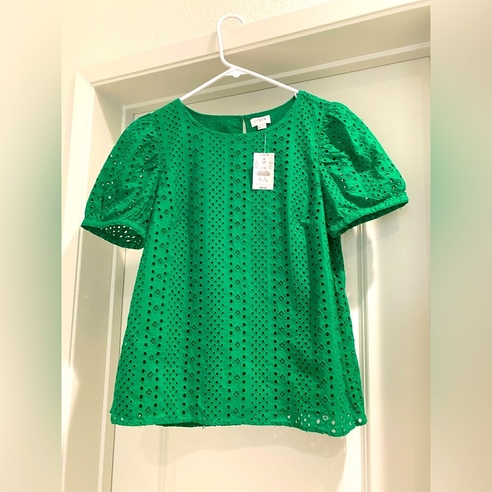 J Crew Green Eyelit Top. Size XS. New with tags